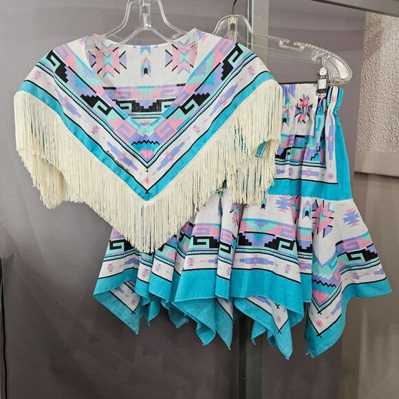 Vintage Cape Handkerchief Skirt Large Turquoise South Western Short Crop Fringe - Picture 5 of 11